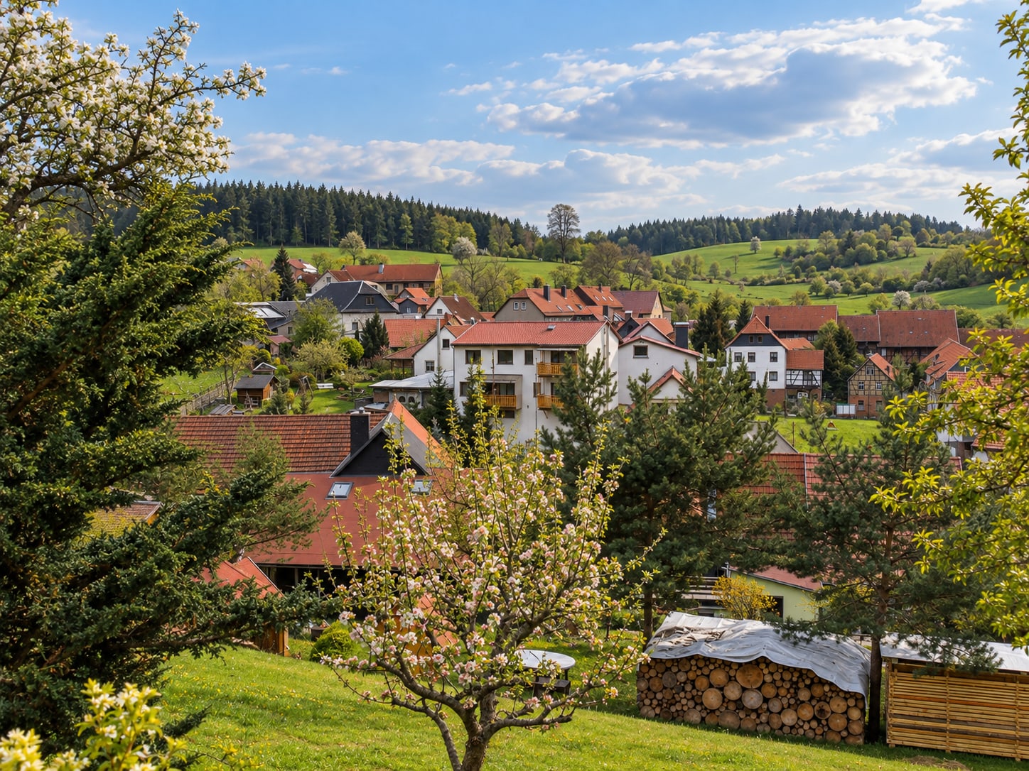 Blick über die Dächer von Bechstedt auf die bewaldeten Hänge des Schwarzatals