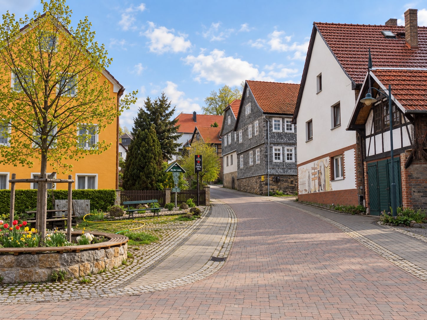 Gepflasterte Dorfstraße in Bechstedt mit Fachwerkhäusern und bepflanztem Brunnen