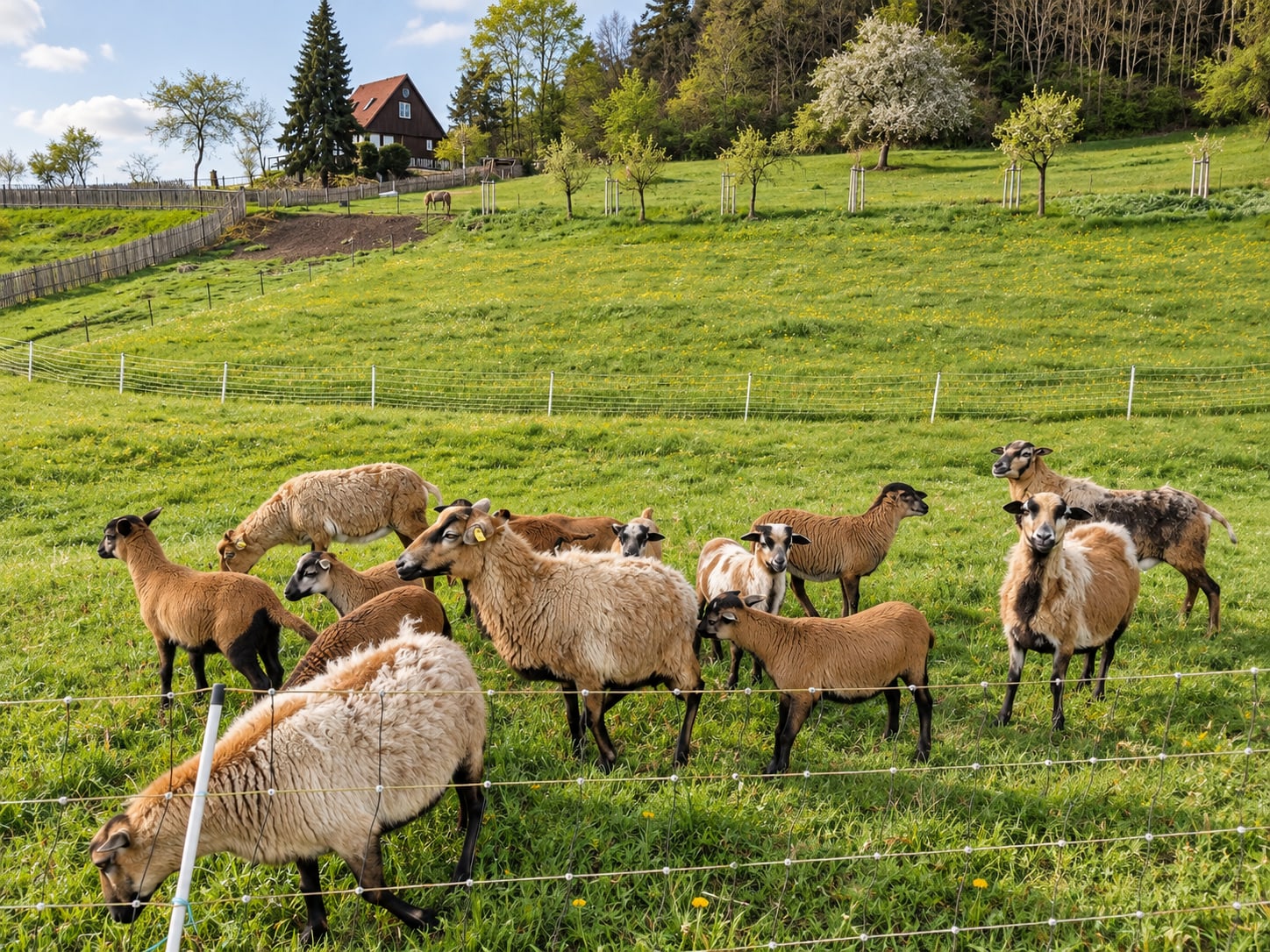 Schafe und Ziegen auf einer eingezäunten Weide am Ortsrand von Bechstedt
