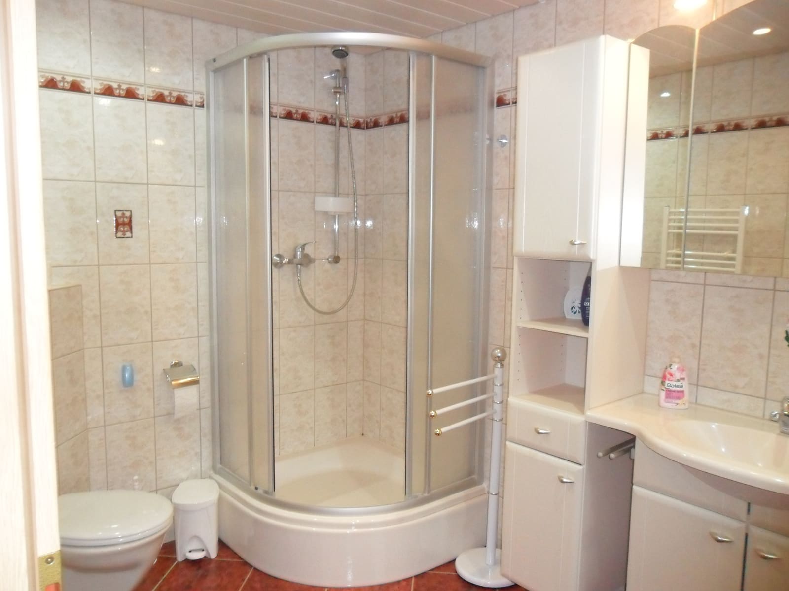 Eckdusche mit Glasabtrennung im Bad der Ferienwohnung
