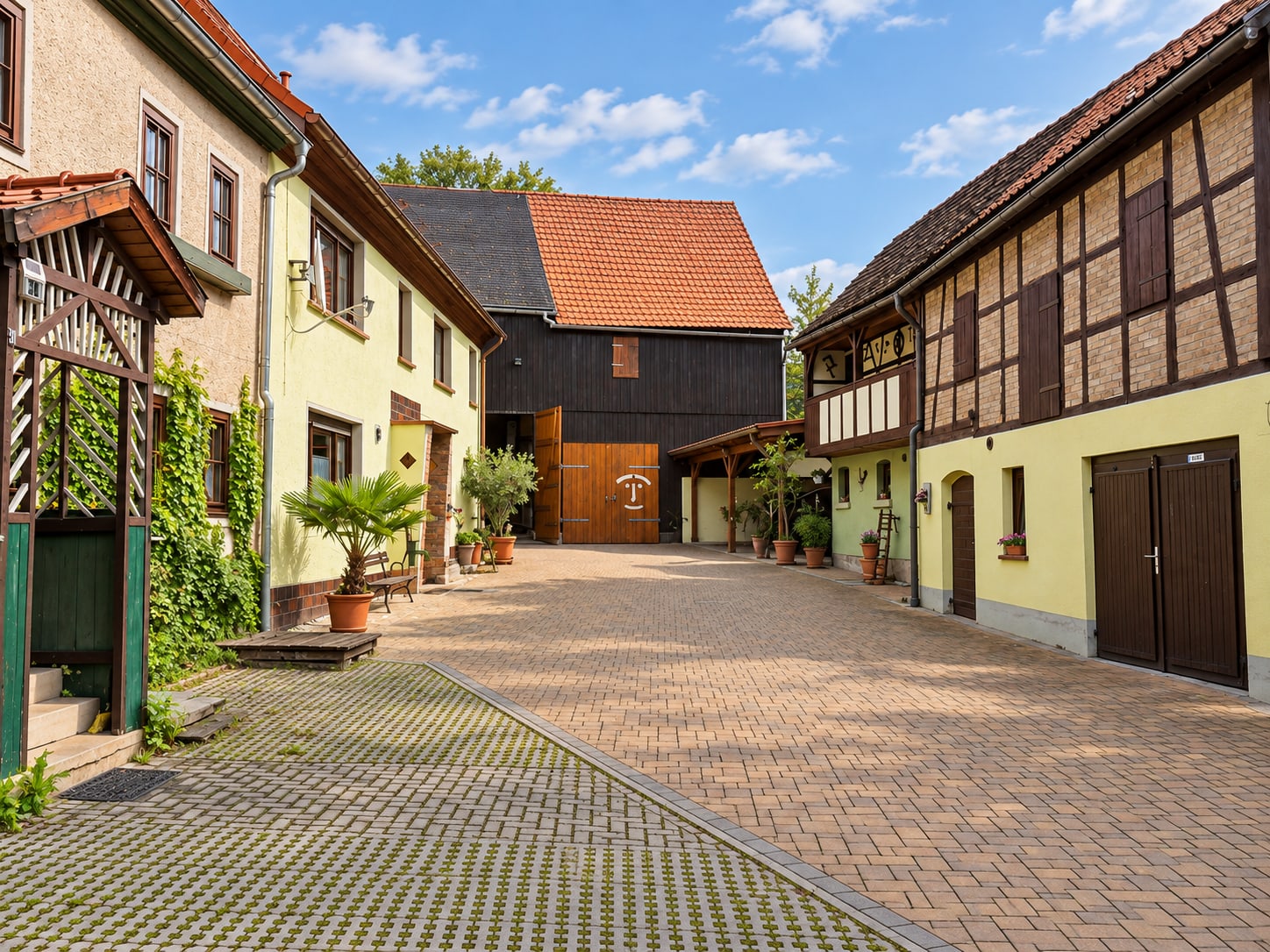 Gepflasterte Hofeinfahrt zwischen Wohnhaus und alter Fachwerkscheune