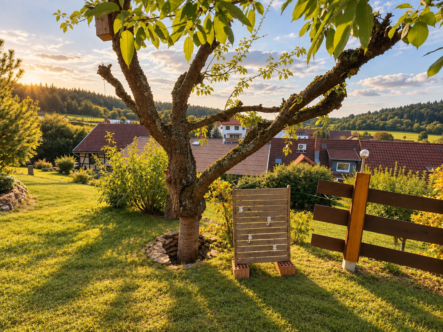 Blick aus dem Garten über Obstbäume und die Dächer von Bechstedt zu den bewaldeten Hängen