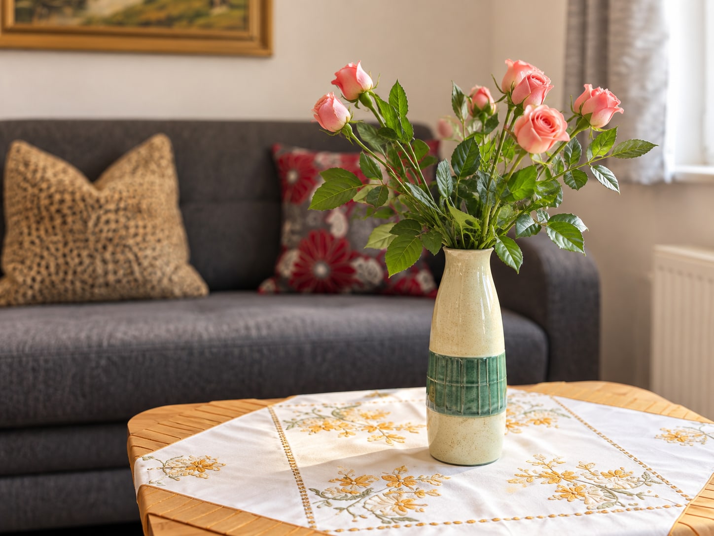 Blumendetail auf dem Couchtisch der Single-Wohnung